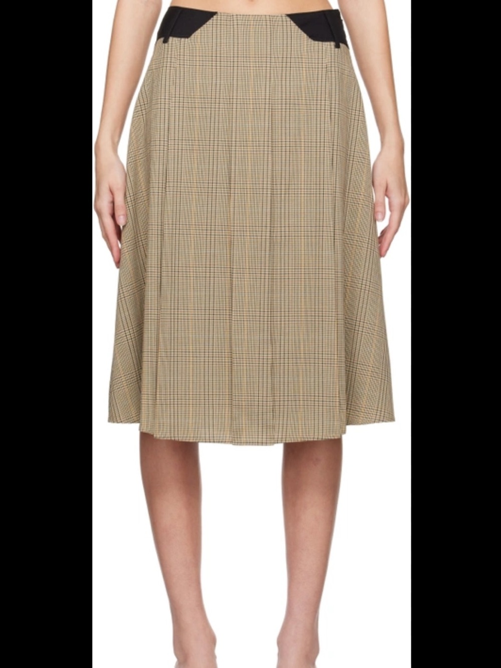 Miaou Beige Plaid A-Line Midi Skirt with Black Waist Accents